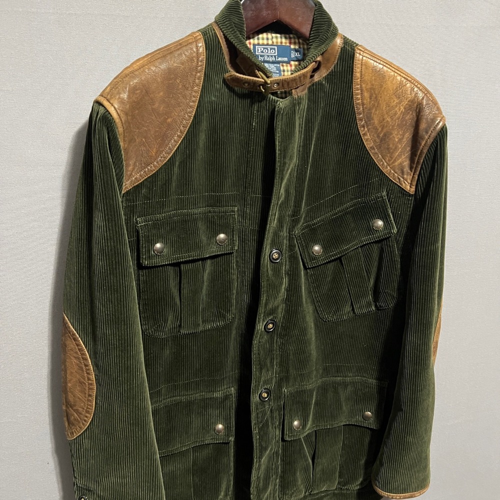 Polo Ralph Lauren Green Corduroy Hunting Jacket Leather Trim Mens XL Safari Coat - Picture 2 of 9